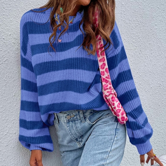Sweaters - Striped Pattern Drop Shoulder Sweater